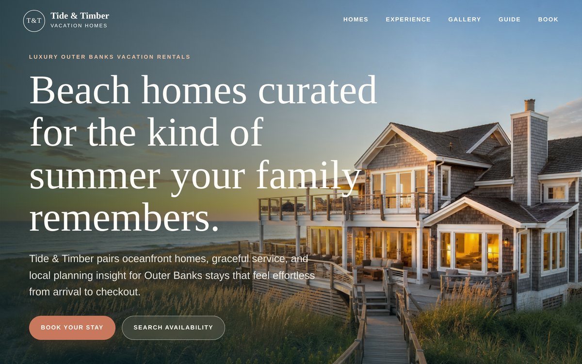 Tide & Timber vacation rentals website